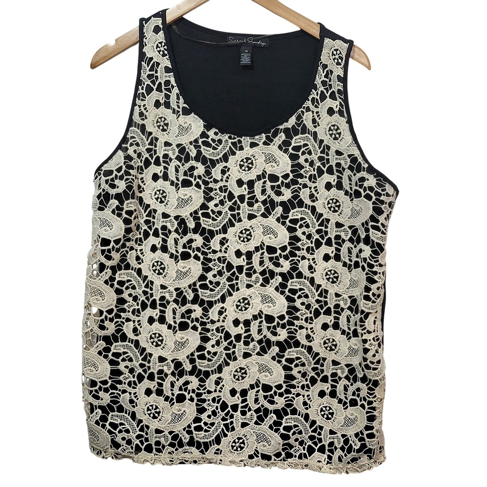 French‎ Laundry Womens 1X Tank Top Black Ivory Floral Lace Overlay Scoop Neck